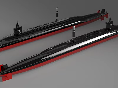 Two Modern Military Black And Red Submarines With Missile Launchers 3d model