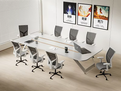 Modern Conference Table With Office Chairs Laptop And Decorative Paintings In Office 3d model