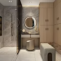 Modern Bathroom Interior Design With Marble Walls Round Mirror And Wooden Cabinets