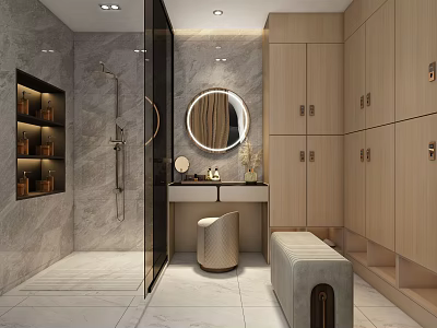 Modern Bathroom Interior Design With Marble Walls Round Mirror And Wooden Cabinets 3d model