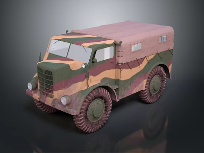 Classic Military Truck With Camouflage Pattern Canvas Roof And Multiple Wheels 3d model