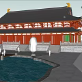 Ancient Chinese Architecture With Curved Roof Red Walls Green Doors Stone Steps And Pond