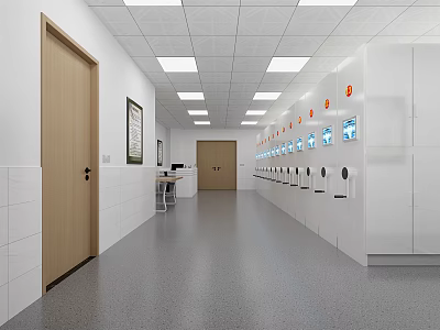 Modern Corridor Interior With White Cabinets Equipment Screens Ceiling Lights Gray Flooring And Wooden Doors 3d model