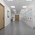 Modern Corridor Interior With White Cabinets Equipment Screens Ceiling Lights Gray Flooring And Wooden Doors