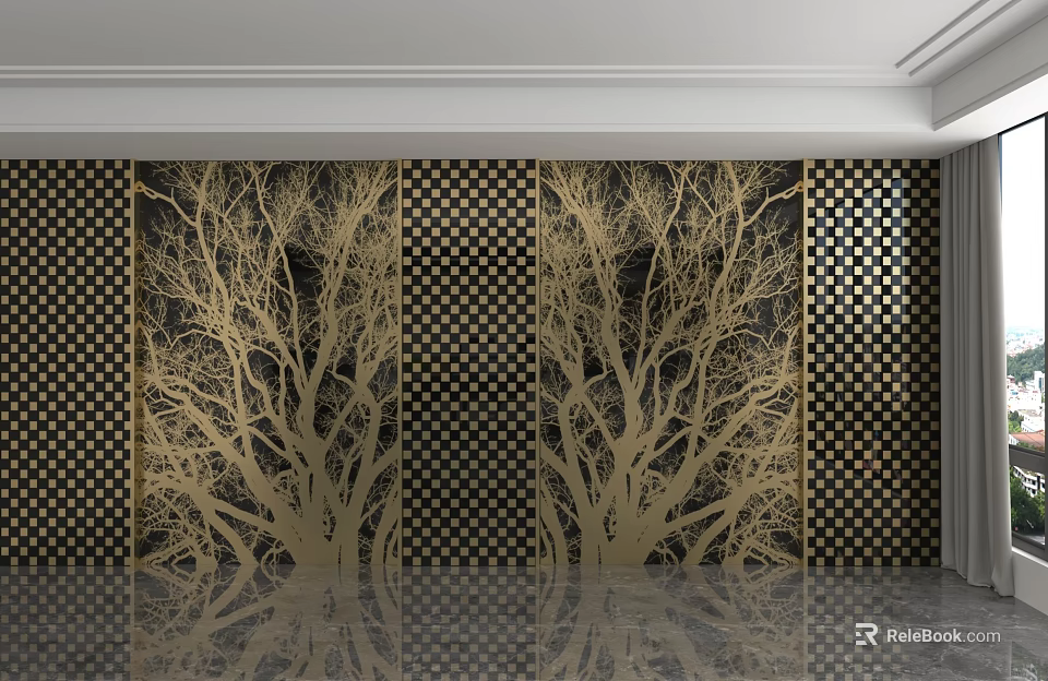 Luxurious Background Wall Design With Golden Tree Branches And Checkerboard Pattern 3d model