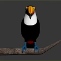 Vibrant Toucan with Yellow Orange Beak Black Body and White Throat Perched on Wooden Branch