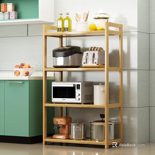 Bamboo Kitchen Shelf Organizing Rice Cooker Toaster Microwave Oven And Storage Jars With Green Cabinets 3d model 