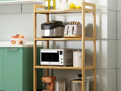 Bamboo Kitchen Shelf Organizing Rice Cooker Toaster Microwave Oven And Storage Jars With Green Cabinets 3d model