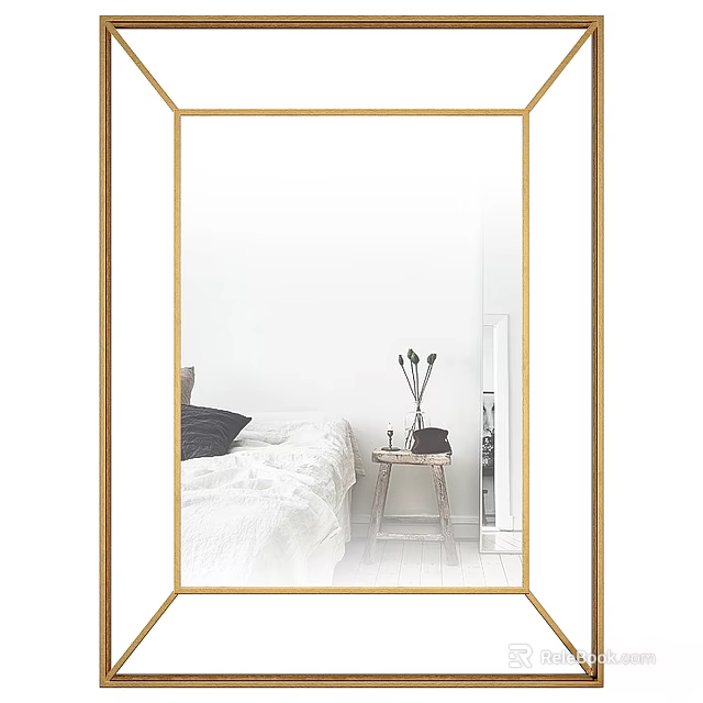 Gold Framed Mirror Reflecting White Bedroom With Wooden Table And Vase 3d model 