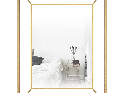 Gold Framed Mirror Reflecting White Bedroom With Wooden Table And Vase 3d model