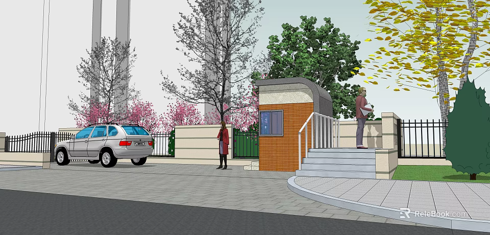 Modern Entrance Gate with Guard Booth Stone Steps and Trees Near Parked Vehicle 3d model 