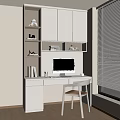 Modern Home Office Interior With White Desk Computer Bookshelf Decorative Items And Window Blinds