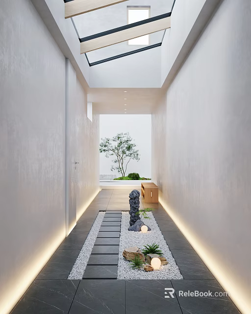Hallway Garden Decor Elements Featuring Stone Path Small Plants Distant Tree And Skylight 3d model 