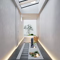 Hallway Garden Decor Elements Featuring Stone Path Small Plants Distant Tree And Skylight