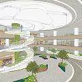 Modern Indoor Atrium Space With Spiral Staircase Multi Level Design Green Plants And Circular Ceiling