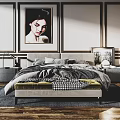 Double Bed With Gray Bedding Footstool Nightstands And Portrait On Trimmed Wall