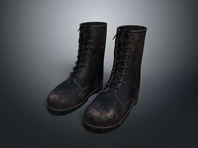 Vintage Black Leather Boots With Lace Up Design And Distressed Texture 3d model