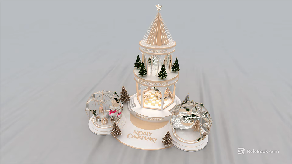 Christmas Decoration Tiered Tower With Star Small Trees Snow Globes And Illuminated Lights 3d model 