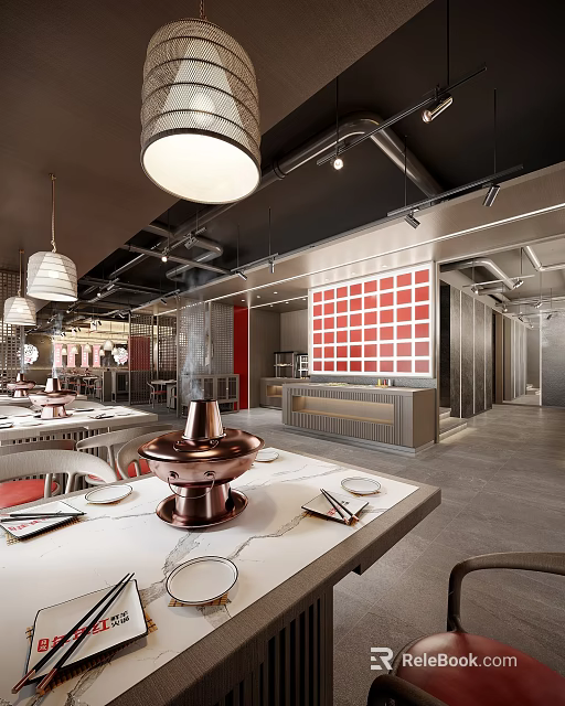Modern Hotpot Restaurant Interior With Copper Hotpot Marble Tabletop Red Grid Wall And Hanging Lights 3d model 