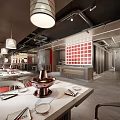 Modern Hotpot Restaurant Interior With Copper Hotpot Marble Tabletop Red Grid Wall And Hanging Lights