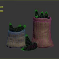 Purple Eggplants In Burlap Bags With Some Scattered Around On Dark Background