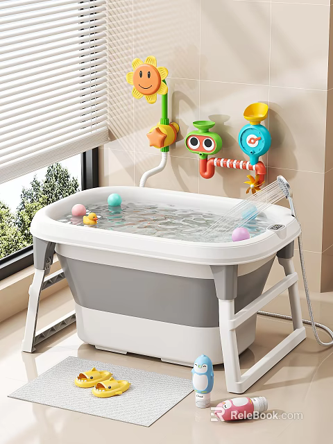 Kids Bathtub with Colorful Balls Rubber Duck and Cartoon Shower Toys Near Window 3d model 