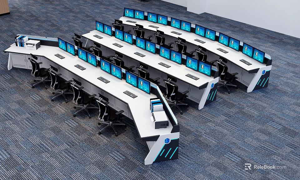 Modern Office Desks With Multiple Monitors Arranged In Rows And Ergonomic Chairs 3d model 