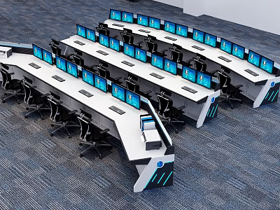 Modern Office Desks With Multiple Monitors Arranged In Rows And Ergonomic Chairs 3d model