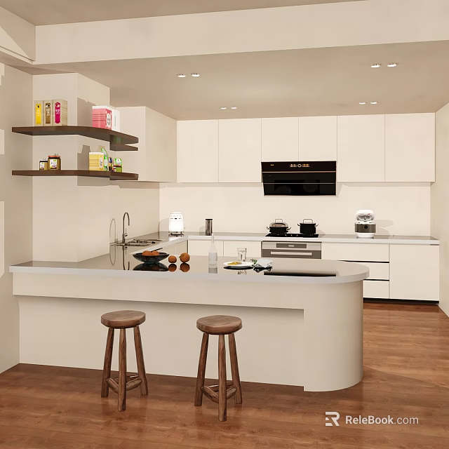 Modern Open Concept Kitchen Interior Design With White Cabinets Island Counter And Stools 3d model