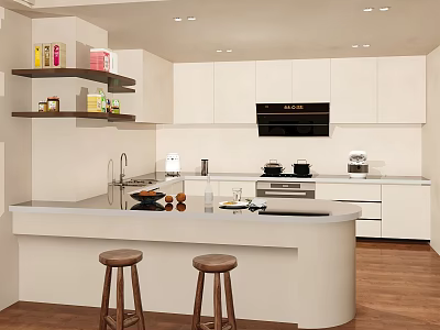 Modern Open Concept Kitchen Interior Design With White Cabinets Island Counter And Stools 3d model