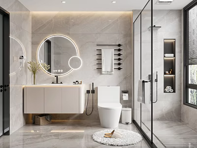 Modern Bathroom Interior Design With Marble Walls Vanity Round Mirror And Glass Shower 3d model