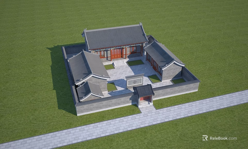 Ancient Chinese Traditional Siheyuan Architecture Courtyard With Grey Roof Red Door Wall And Stone Path 3d model 