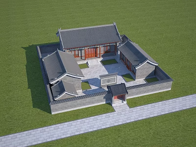 Ancient Chinese Traditional Siheyuan Architecture Courtyard With Grey Roof Red Door Wall And Stone Path 3d model