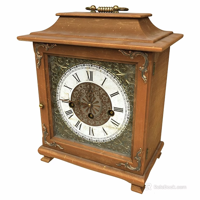 Vintage Wooden Carved Mantel Clock With Roman Numerals And Ornate Design Details 3d model 
