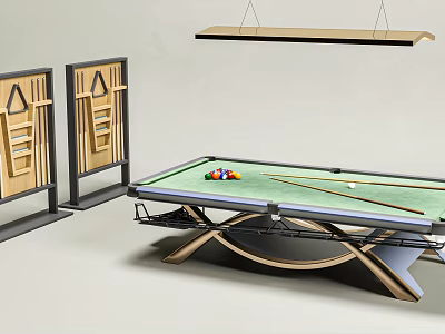 Modern Billiard Room Interior With Green Felt Table Colorful Balls Cues And Wooden Racks 3d model