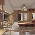 Modern Restaurant Interior With Long Wooden Tables And Colorful Wall Decorations