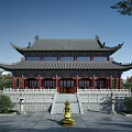 Traditional Chinese Multi Tiered Architecture With Ornate Eaves Gray Tiled Roof Red Pillars Stone Balustrades