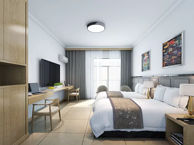 Modern Hotel Guest Room With Twin Beds Bright Lighting Decorative Paintings Work Desk And Flat Screen TV 3d model