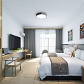 Modern Hotel Guest Room With Twin Beds Bright Lighting Decorative Paintings Work Desk And Flat Screen TV