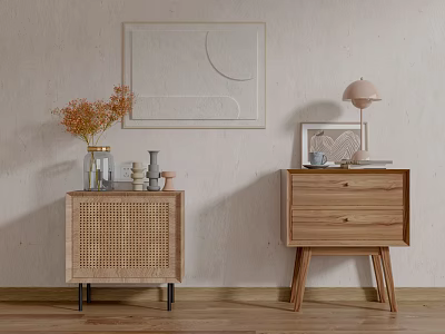 Natural Wood Bedside Tables With Rattan Door Drawer Design Table Lamp Vase And Art 3d model
