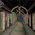 Industrial Elevator Aisle With Red Brick Walls Arched Ceiling Metal Pipes And Stone Floor