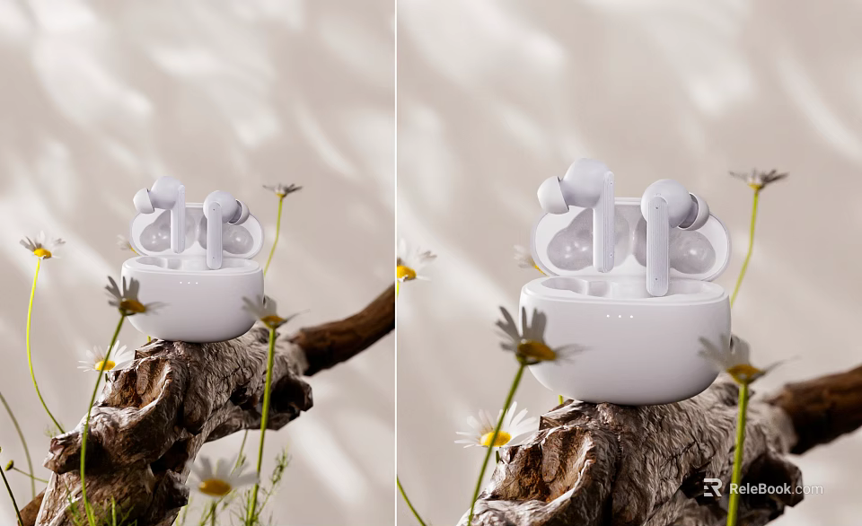 White Wireless Earbuds with Charging Case on Tree Trunk with Daisies and Soft Light Shadows 3d model 