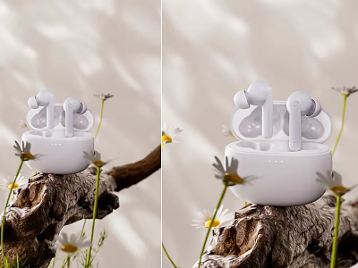 White Wireless Earbuds with Charging Case on Tree Trunk with Daisies and Soft Light Shadows 3d model