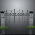 Wrought Iron Garden Gate Furniture With Stone Pillars Spiked Decorations And Grass