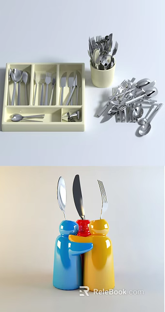 Stainless Steel Cutlery Set With Knives Forks Spoons And Storage Tray 3d model 