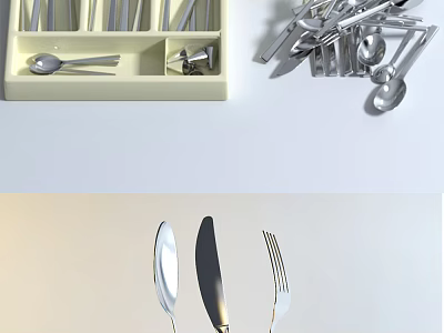 Stainless Steel Cutlery Set With Knives Forks Spoons And Storage Tray 3d model