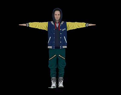 Man In Blue And Yellow Jacket With Hoodie Green Pants Arms Outstretched Standing 3d model