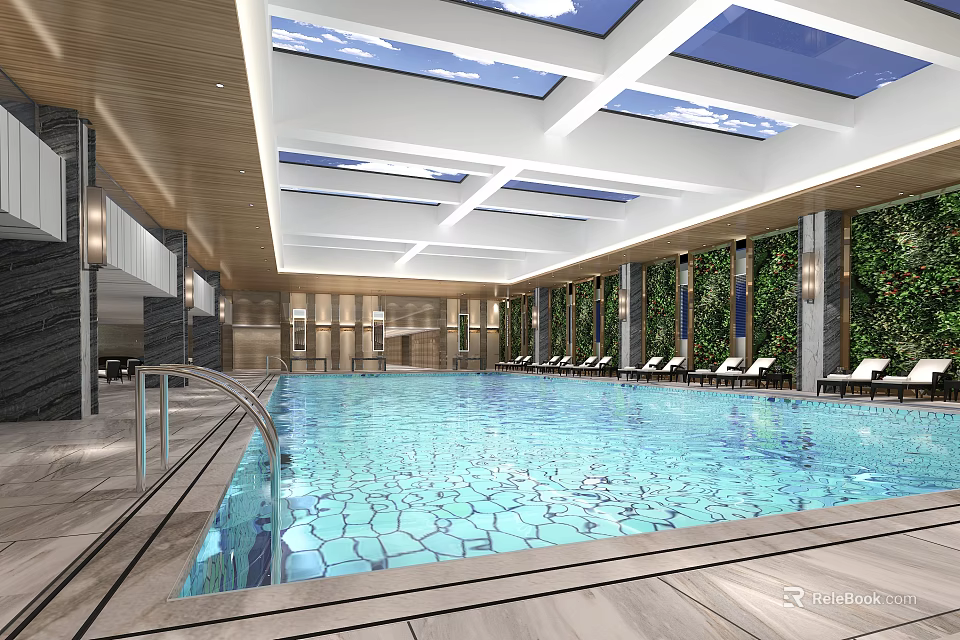 Modern Indoor Swimming Pool Design With Skylights Loungers Greenery And Tile Flooring 3d model 