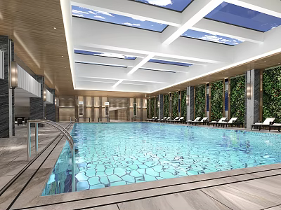 Modern Indoor Swimming Pool Design With Skylights Loungers Greenery And Tile Flooring 3d model