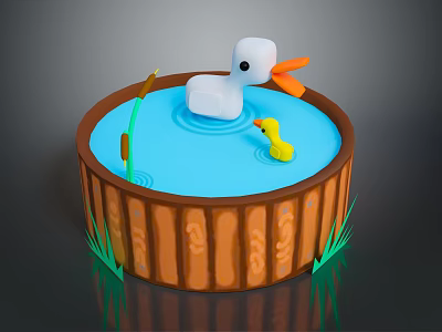 Charming Wooden Pond With Blue Water Large White Duck Small Yellow Duck Reeds And Grass 3d model